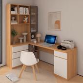 电脑书桌组合学习桌定制台式 机角落书架实木芯桌带抽屉转角书桌柜