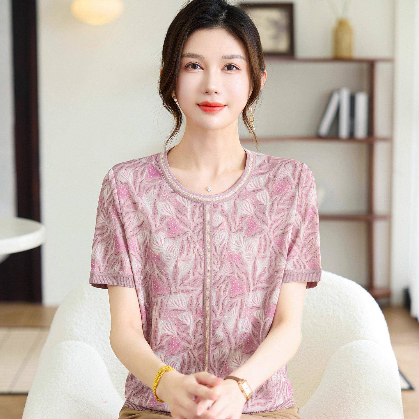 时尚中年针织衫女短袖夏装桑蚕丝100%小个妈妈圆领真丝印花上衣薄
