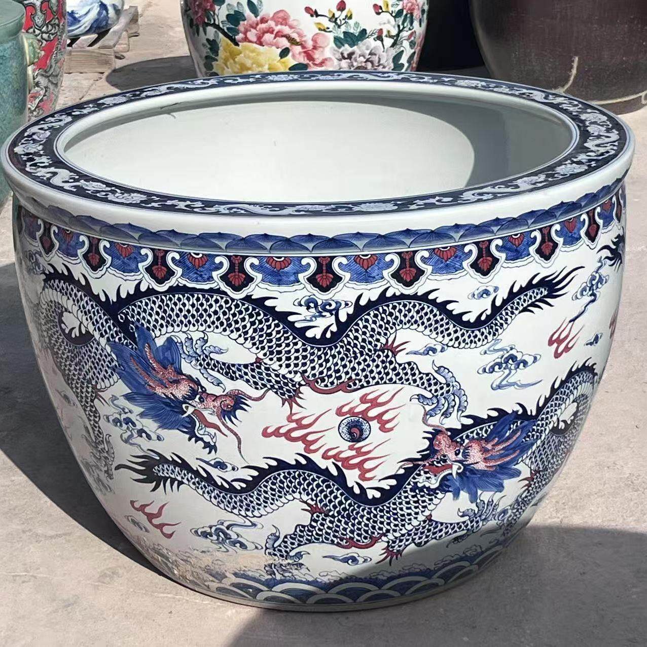 景德镇陶瓷鱼缸青花龙纹家用客厅睡莲荷花锦鲤缸室外庭院种树大缸