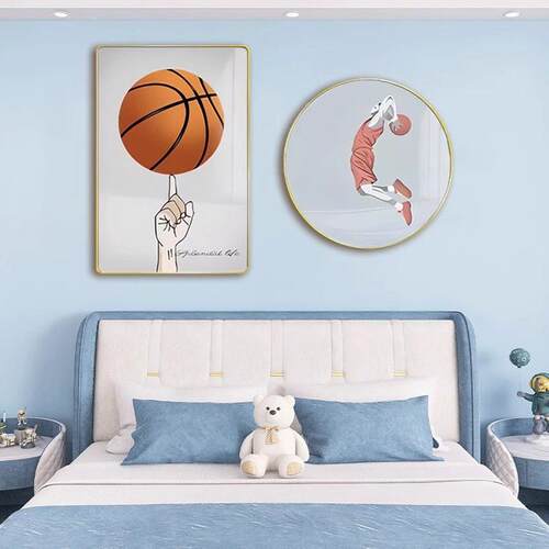 现代简约青少年卧室装饰画儿童房卡通男孩床头挂画篮球背景墙壁画