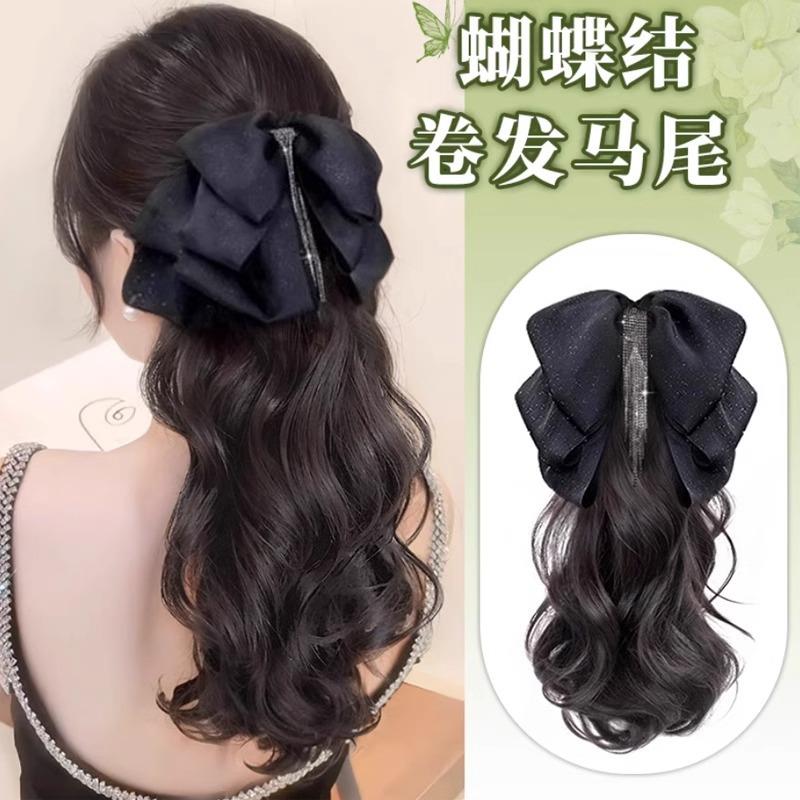 新款直销新品假发马尾抓夹女流苏蝴蝶结微卷气质百搭女神仿真发低