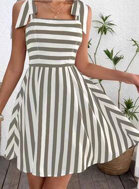 Women'S Casual Striped Tie Front Halter Dress, Summer,