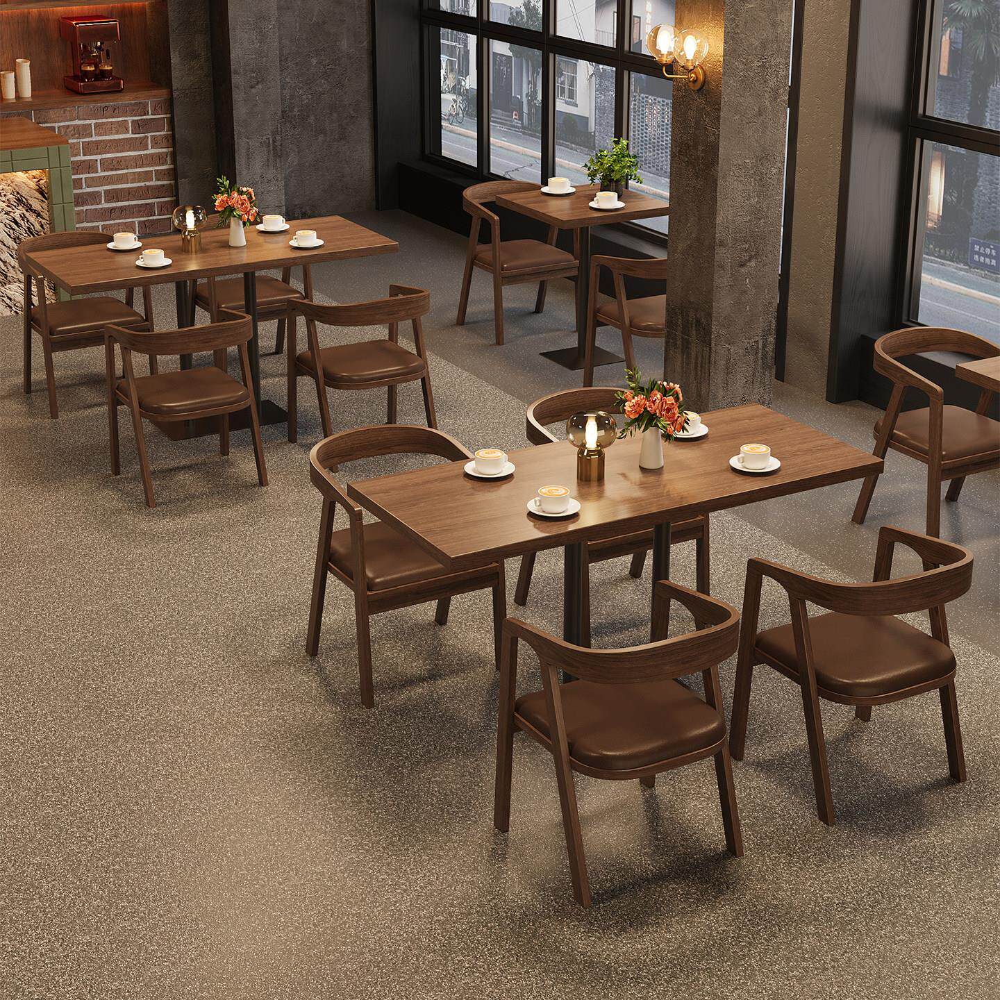 侘寂风覆古实木藤编商用西餐厅桌椅组合咖啡厅酒吧休息区洽谈桌椅