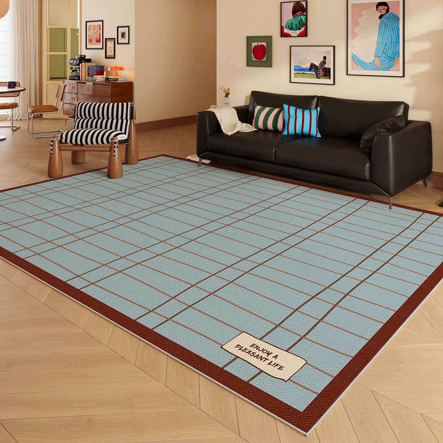 蓝色复古格子多巴胺地毯客厅大面积水晶绒地毯沙发茶几装饰地毯