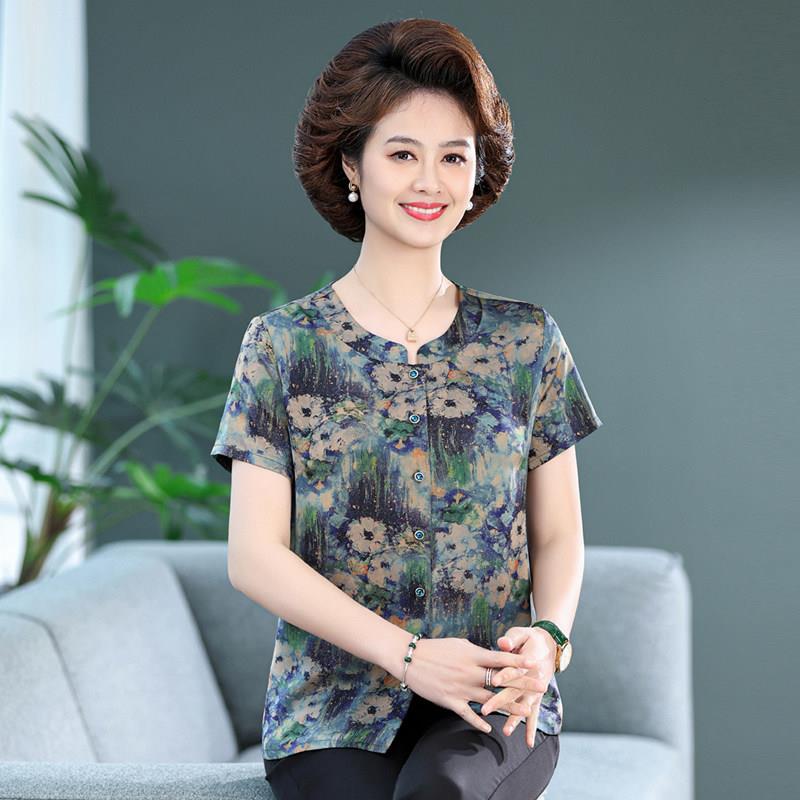 五十岁妈妈夏款真丝衬衫短袖碎花2025中老年人女装桑蚕丝衬衫奶奶