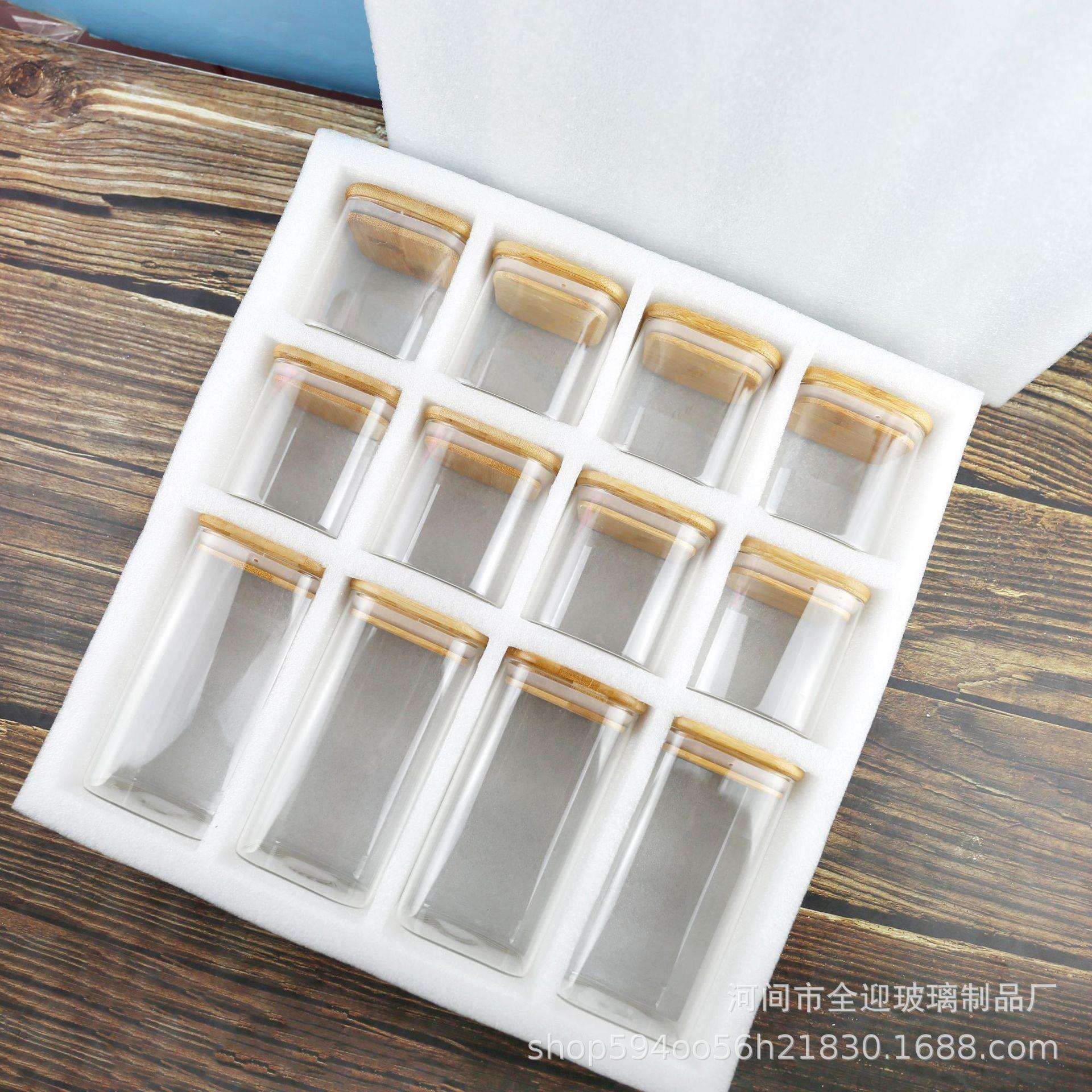竹盖12件套方形储物罐珍珠棉套装密封罐高硼硅耐热方形密封罐