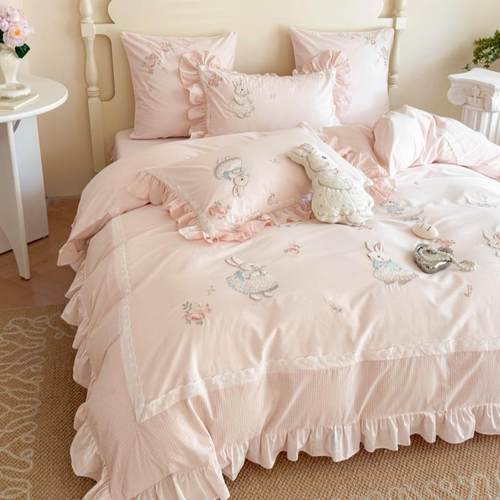 可爱小兔卡通少女儿童全棉纯棉水洗棉床上用品女孩四件套床单被套