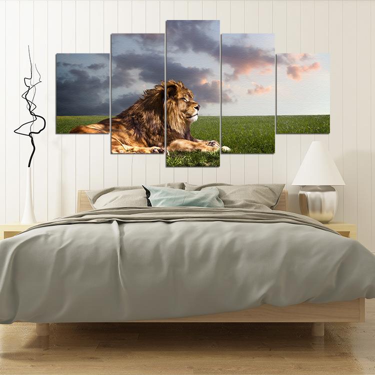 新款直销五联画无框油画草原上的雄狮客厅装饰组合油画北欧风格装
