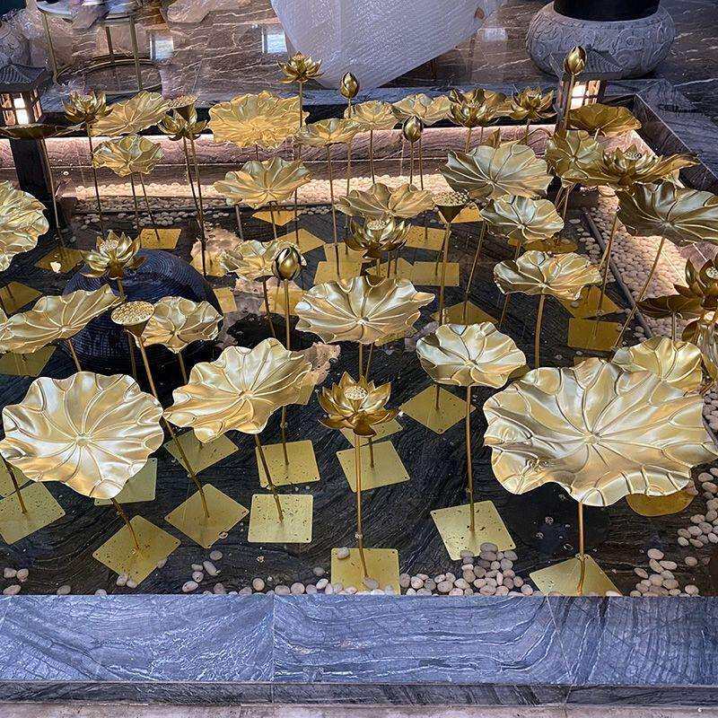 摆件创意荷花水池铁艺金属荷叶装饰水景莲叶会莲花金色室内所酒店