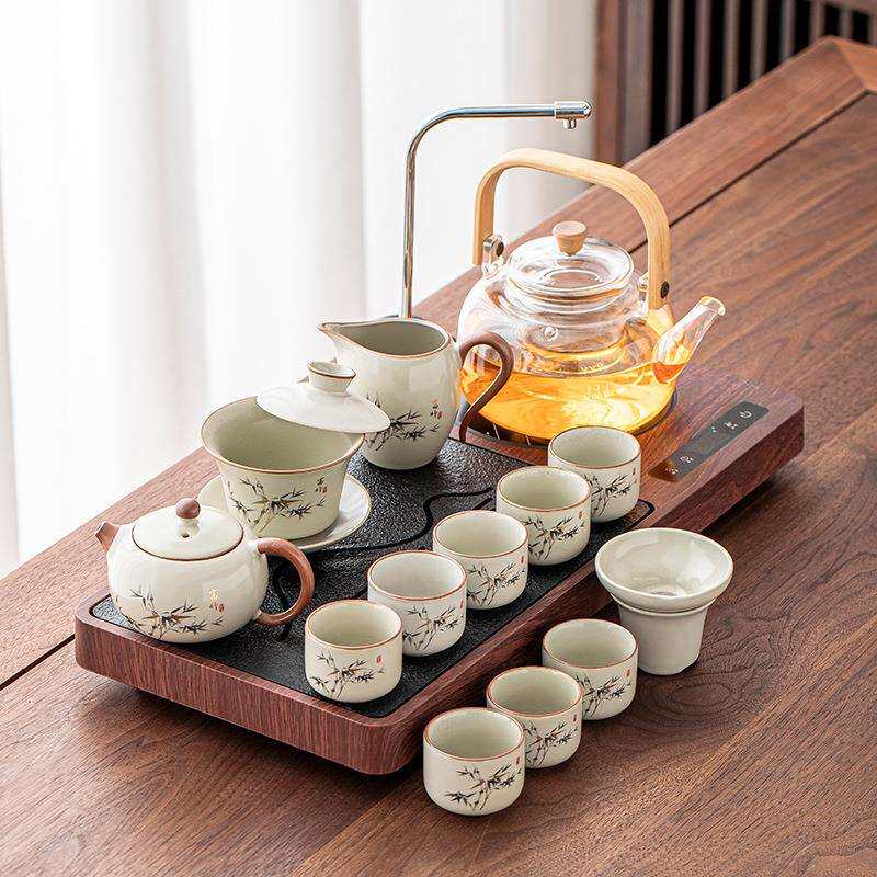 茶具套装家用陶瓷汝窑客厅办公室茶壶茶杯盖碗整套一体电陶炉茶盘