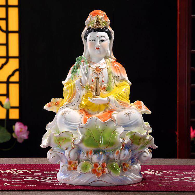 陶瓷坐莲莲叶南海观音佛像镇宅供奉摆件玉瓷观世音菩萨像工艺品瓷