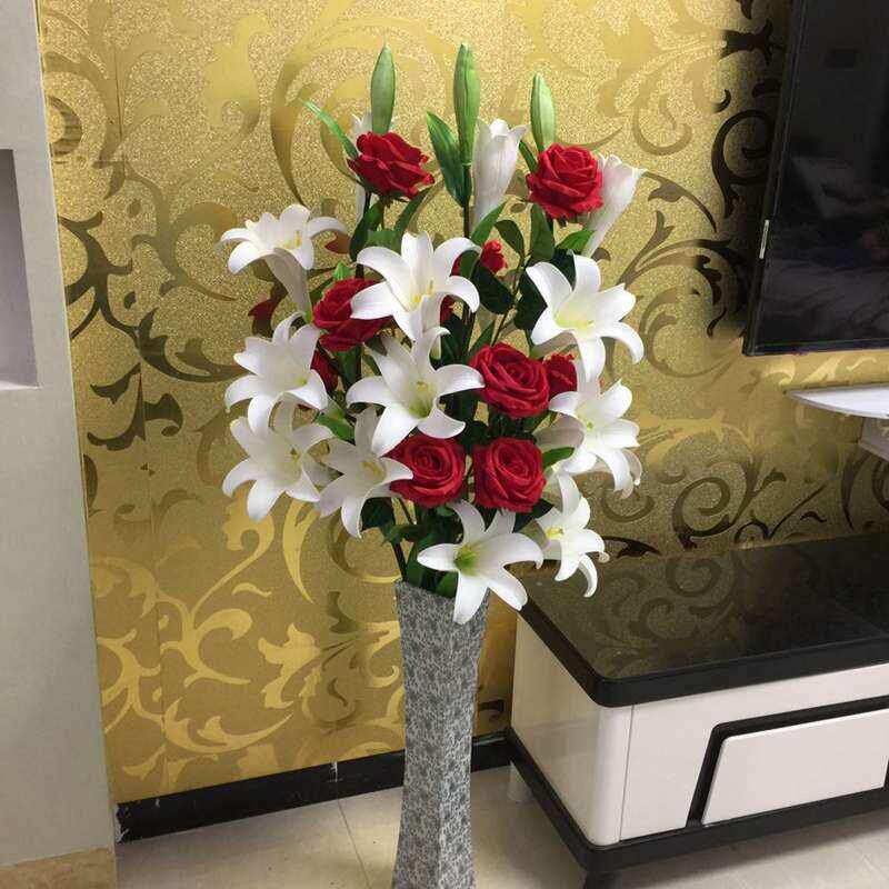 彷真百合花玫瑰花干花假花彷真花家居客厅落地绢花花套装花瓶套装