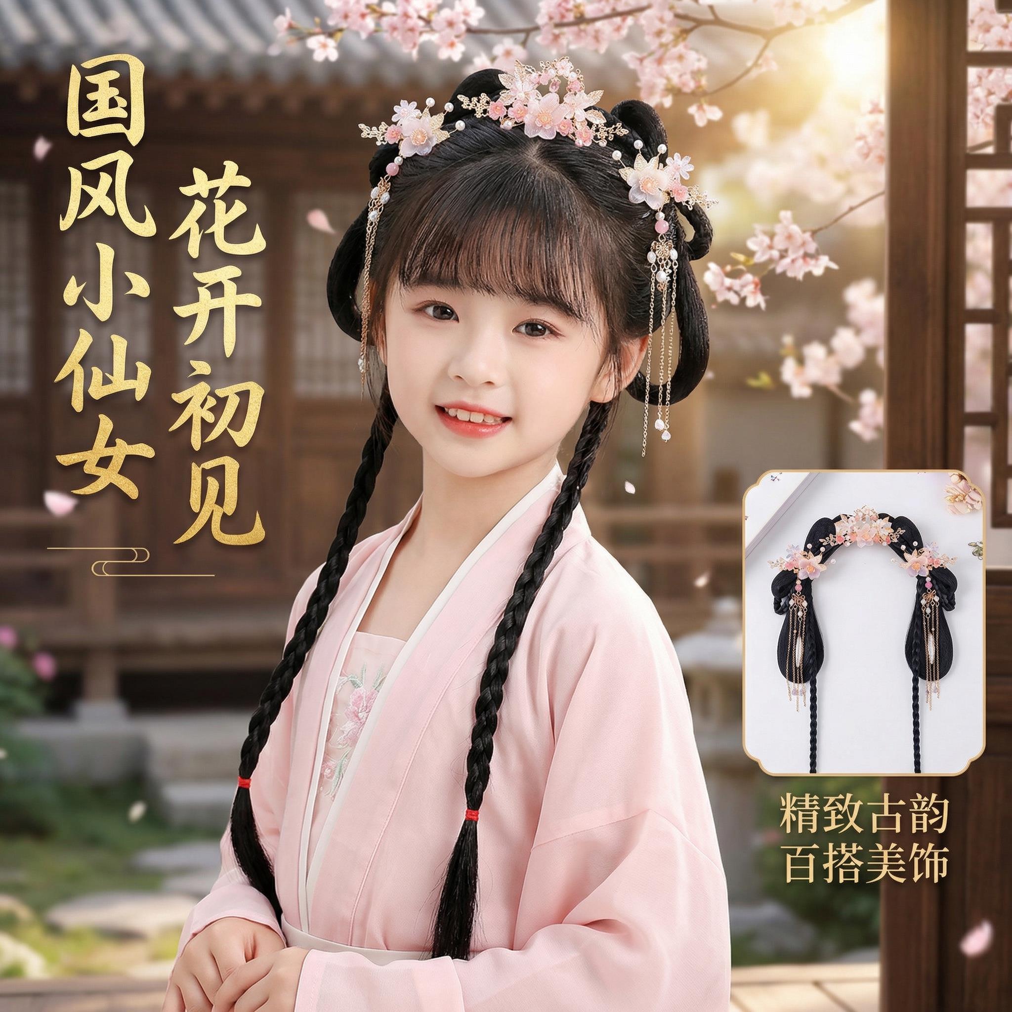 汉服发饰女童古风一体式假发包头饰全套发髻造型女款儿童古装配饰图片