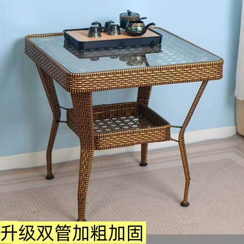 阳台家用藤编钢化玻璃方桌子休闲桌户外餐桌打牌编织户外休闲桌子