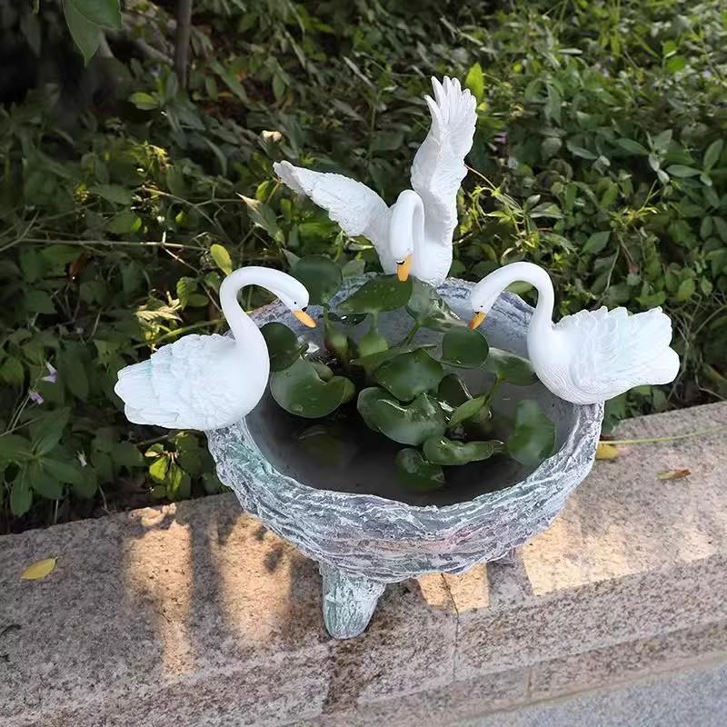 创意阳台装饰可爱天鹅园林水培花盆水仙花铜钱庭院花园树脂摆件代