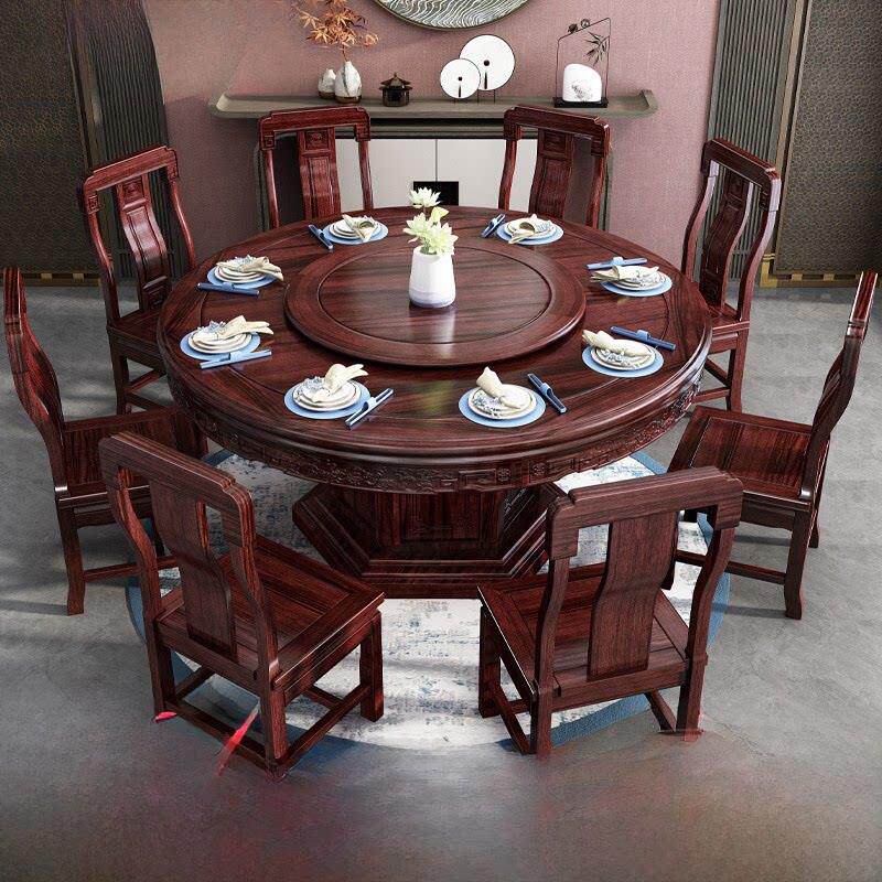 实木餐桌圆桌黑檀木红木家具家居雕梨木新中式大圆凳组合椅