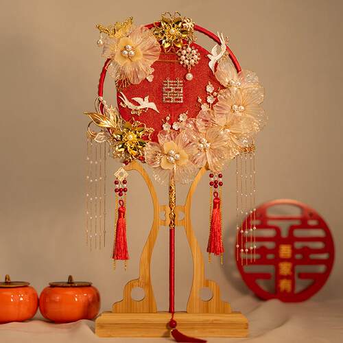 新娘团扇中式秀禾重工高级结婚礼diy材料包闺蜜红色出嫁手工喜扇