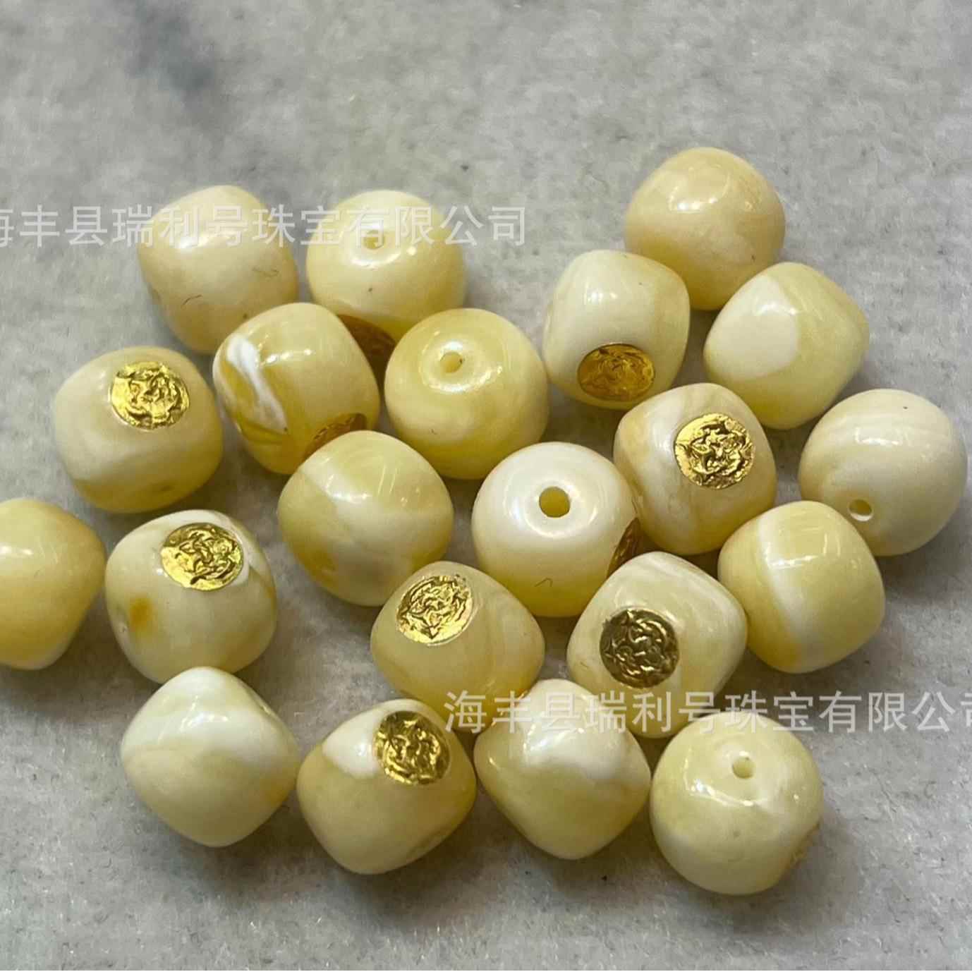 天然原矿蜜蜡老型珠散珠24k金贴片镶嵌蜜蜡白花蜡老型珠