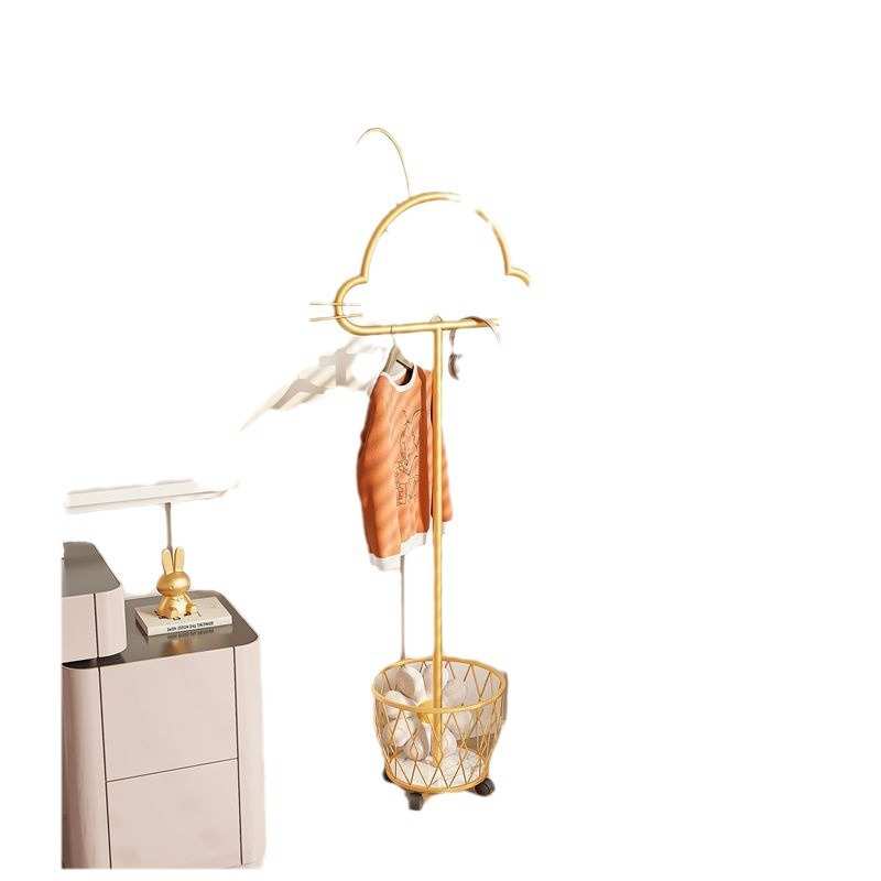 可移动带轮衣帽架卧室衣服挂架收纳篮卡通铁艺儿童挂衣架落地立式
