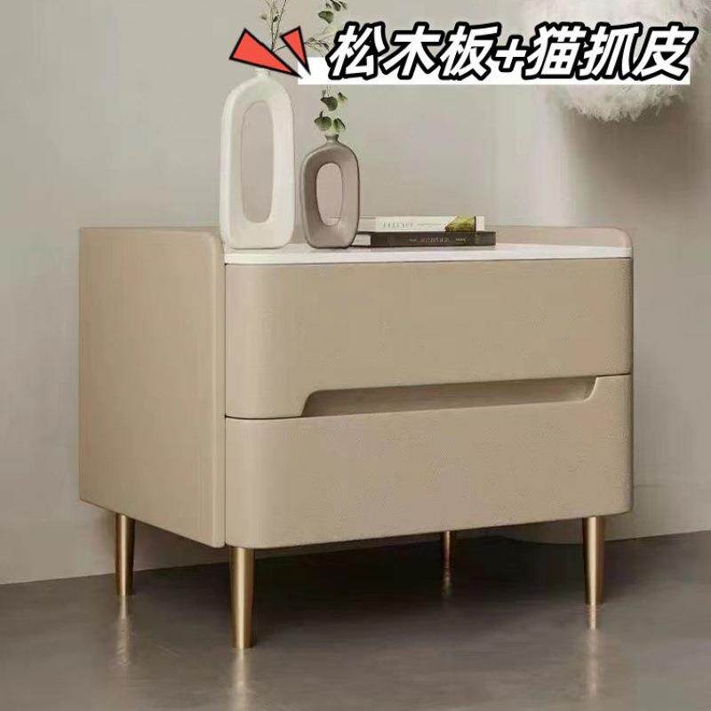 实木意式床头柜简约岩板现代卧室家用轻奢简易收纳床边柜储物整装