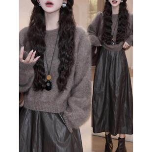 欧洲站秋装搭配一整套2025新款软糯针织衫上衣半身皮裙两件套女潮