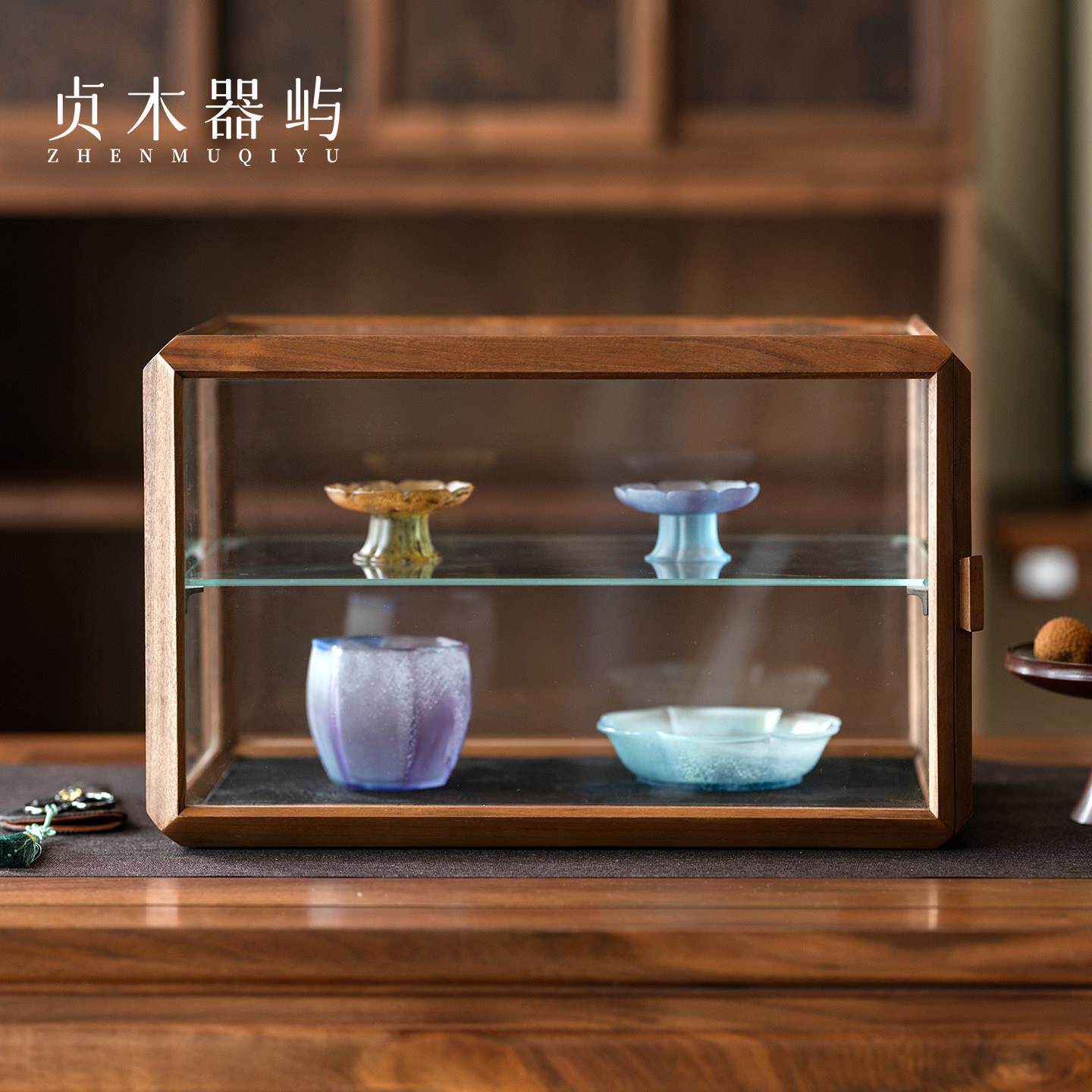 贞木器屿玻璃展示柜桌面杯架柜黑胡桃木装饰小柜茶空间器皿陈列柜