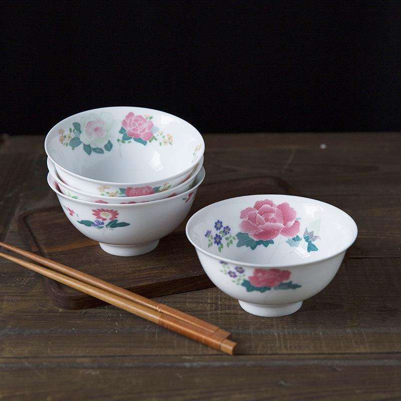 陶瓷套装芙蓉贴花碗盘 釉下彩花卉饭碗 加厚防烫汤碗中式碗具组合