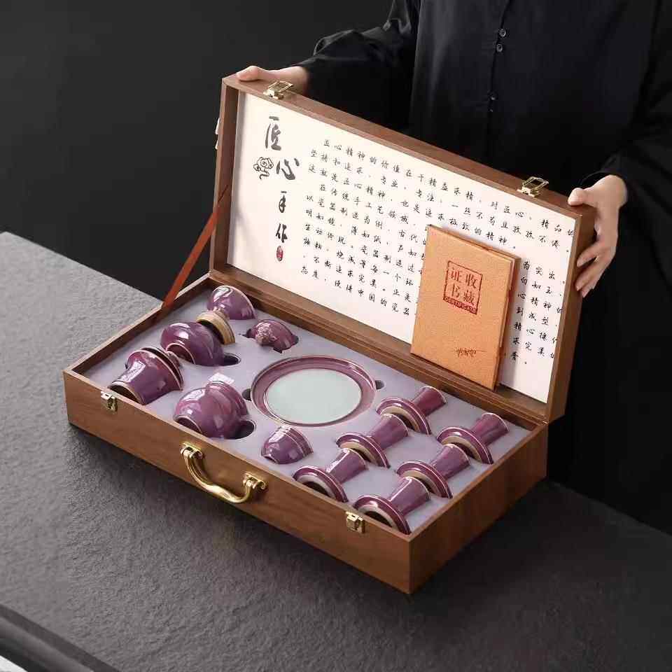 大师手作钧窑茶具套装家用陶瓷功夫泡茶壶三才盖碗茶杯礼品礼盒装