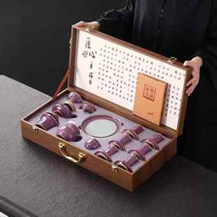 大师手作钧窑茶具套装家用陶瓷功夫泡茶壶三才盖碗茶杯礼品礼盒装