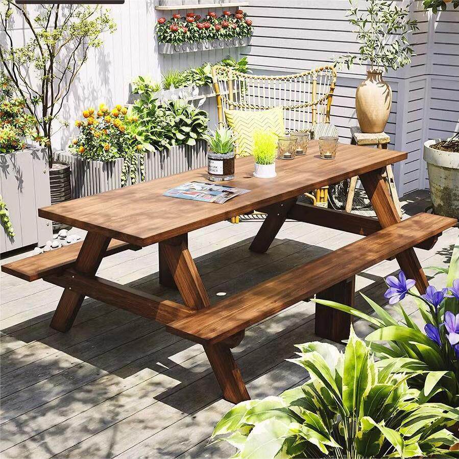 户外防腐实木庭院一体化露天公园休闲桌户外一体式桌椅伞组合