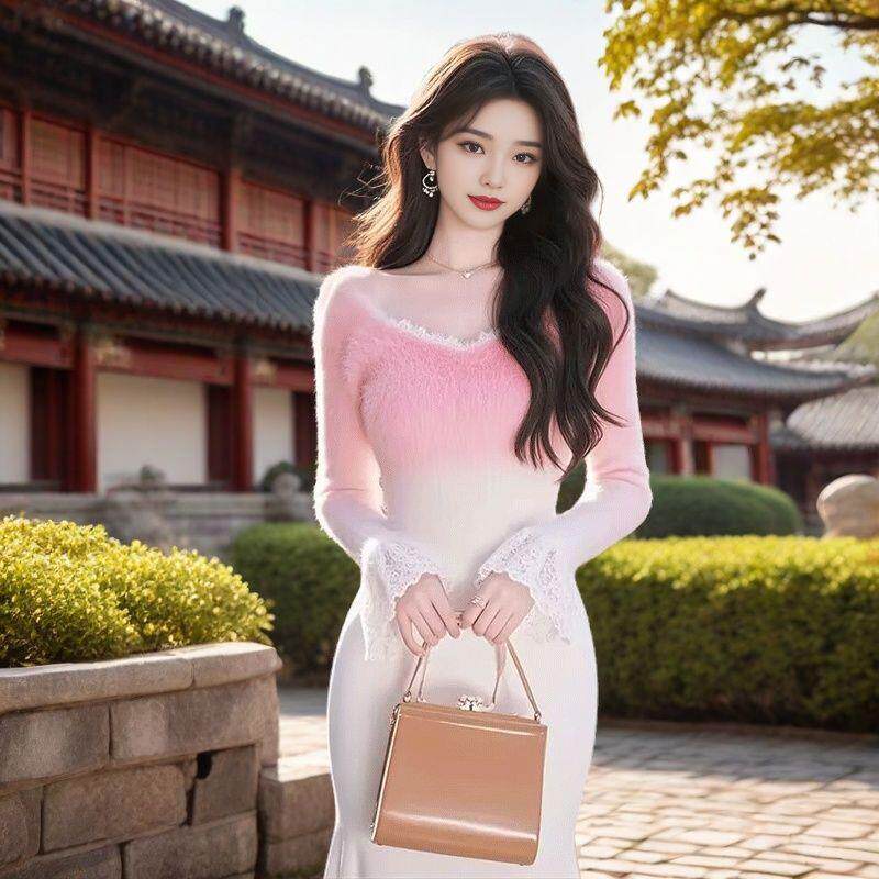 高级感绝美韩系氛围感穿搭呼呼粉色渐变加厚毛衣打底连衣裙女冬