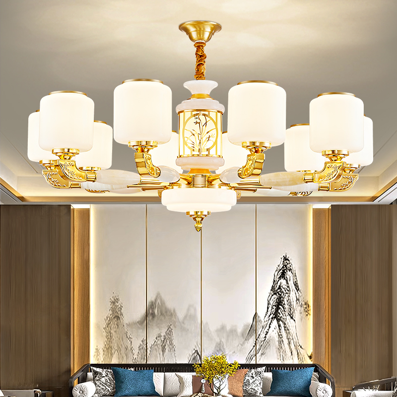 新中式全铜玉石客厅吊灯别墅简约大气高档餐厅卧室书房家用灯具