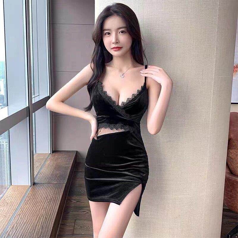 夜店女装夏季蕾丝拼接低胸领性感吊带连衣裙丝绒打底裙紧身短裙