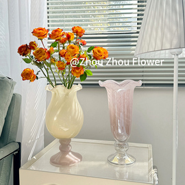 法式复古高脚铃兰风灯花瓶中古琉璃高级艺术玻璃花器花瓶插花