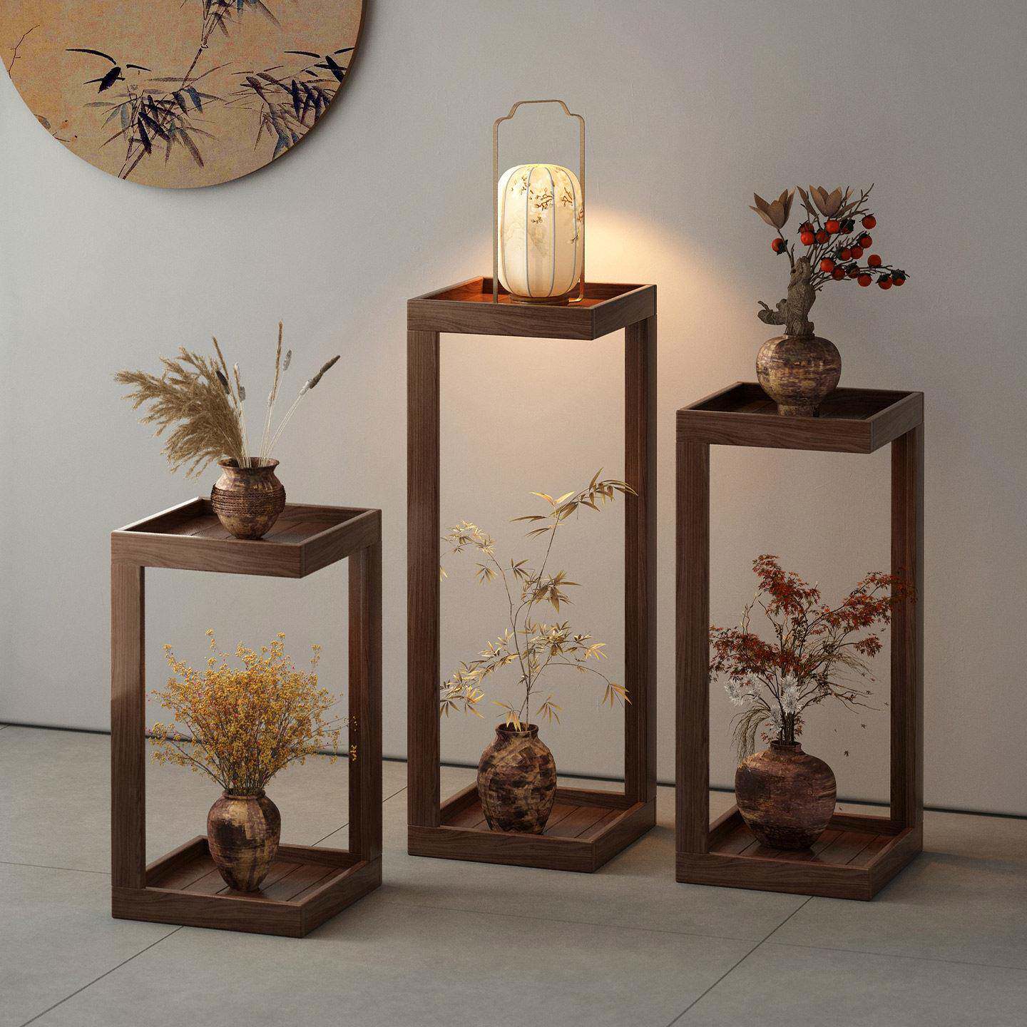 中式架客厅落地式装饰展示架阳台实花木层花盆置物物架植摆中多放