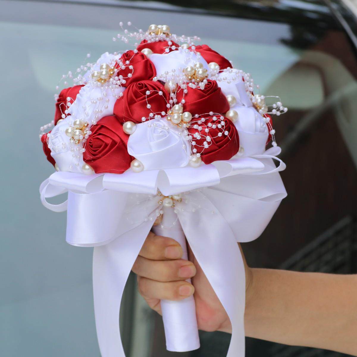 成品现货布艺手捧花珍珠酒红新娘缎带捧花源头厂家W0630H