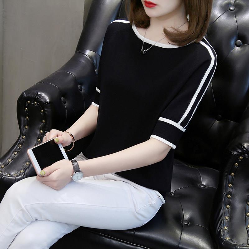 黑色冰丝针织衫短袖t恤女2025年新款夏季薄款半袖修身显瘦上衣女