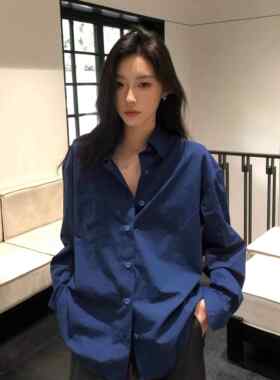 韩国宝蓝色polo领长袖衬衫女2025秋季高级感轻奢宽松气质休闲衬衣