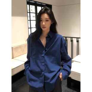 韩国宝蓝色polo领长袖衬衫女2025秋季高级感轻奢宽松气质休闲衬衣