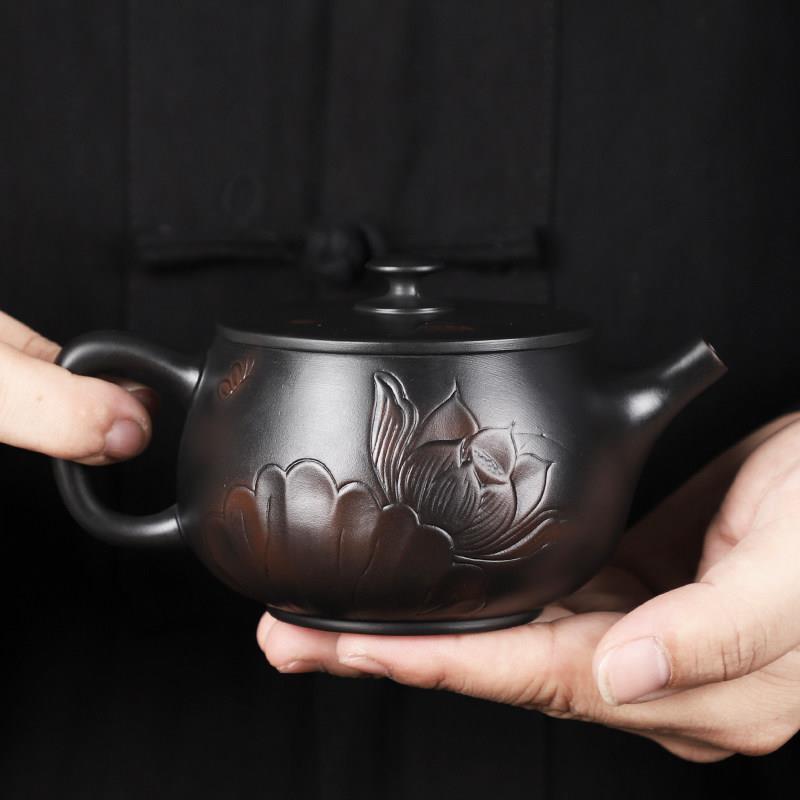 云南紫陶壶纯手工浮雕荷花汉瓦壶单壶家用茶具高档茶壶凤鸣壶复古