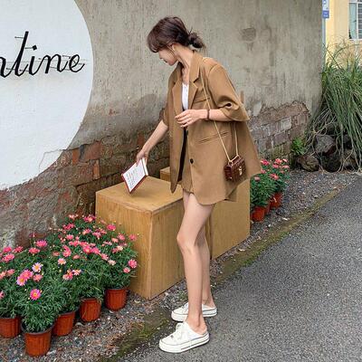 LILY MOST夏新款卡其色短袖西装套装女宽松休闲小个子短裤两件套