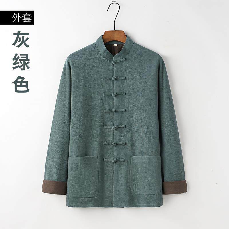 高档品极款连肩双层禅外套休闲宽松唐装男太服修居士服棉麻春秋茶