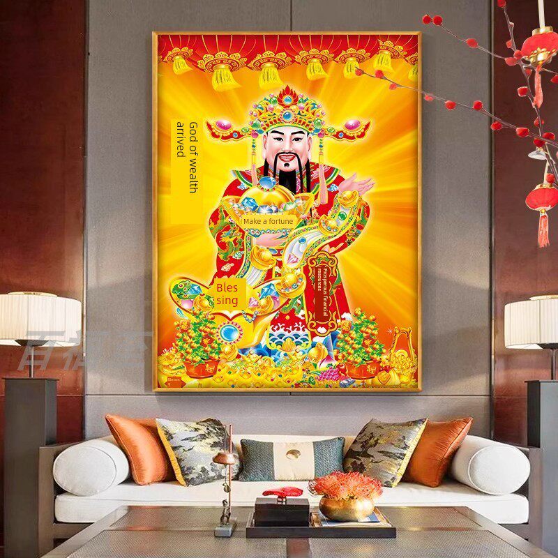 财神爷画像五路财神挂画招财风水客厅年画装饰画供奉财神到带框画