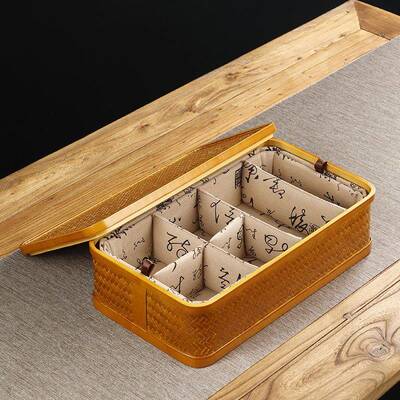 手工竹编提篮 中式复古长方形家用带盖防尘收纳筐 便携茶具收纳盒