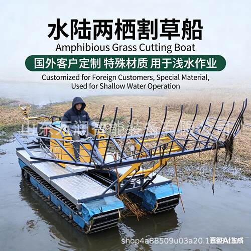 山东水路两栖割草船轻便的芦苇收割船履带式铝合金保洁船现货