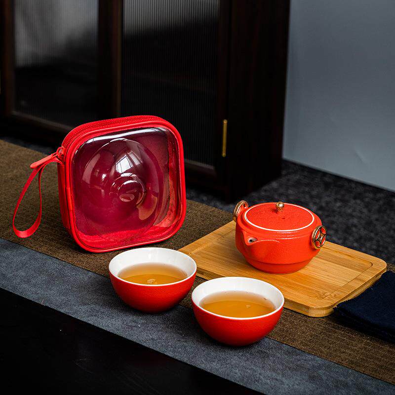 禹诚陶瓷粗陶户外快客杯一壶二杯旅行茶具便携式功夫小套装可LOGO