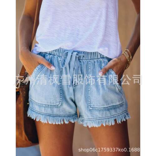 Elastic waist high waist slimming thin denim shorts