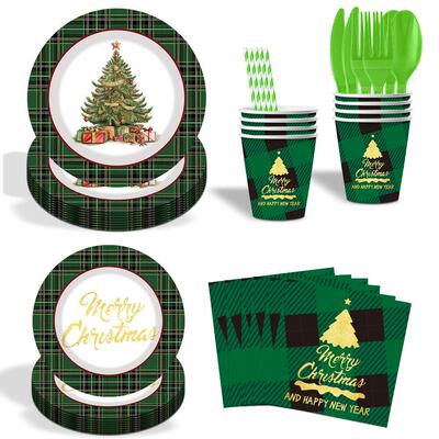 Christmas Party Supplies Green Tableware圣诞节派对一次性餐具