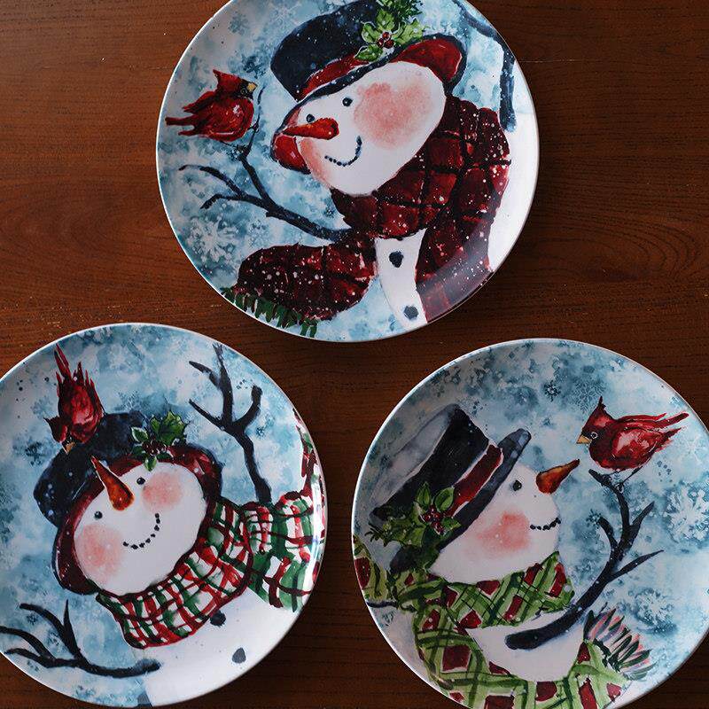 出口美国cer...nal 圣诞节插画风格圣诞雪人西餐餐盘牛排盘釉下彩