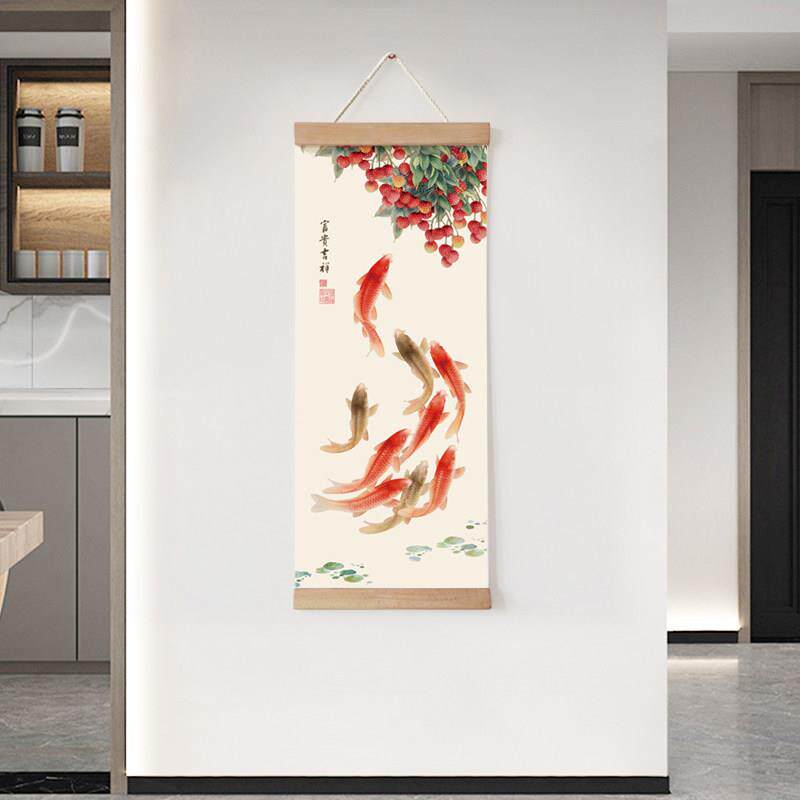新中式九鱼图装饰画客厅玄关荷花挂画实木挂轴墙画荔枝莲花锦鲤画